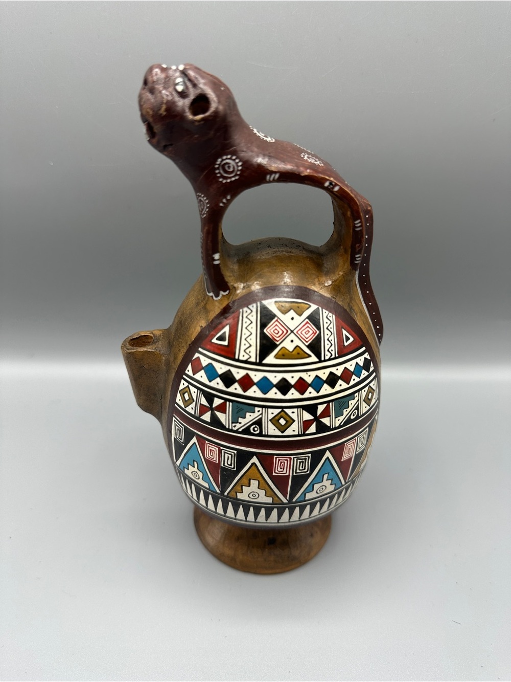 Vintage Chinchero Aleja Peru Art Pottery Vessel Hand Painted Chicha Jaguar Jar